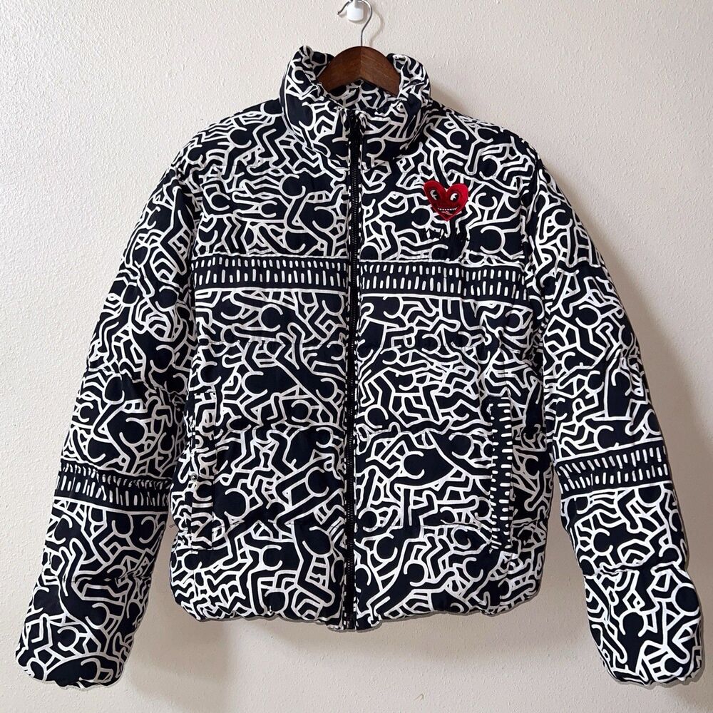 Keith Haring x Shoe Palace Puffer Jacket Men’s Medium Black White Heart AOP